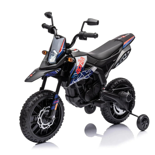 12V Aprilia Motorcycle ride-on for kids, one-seater, angled view showcasing vibrant design and features.