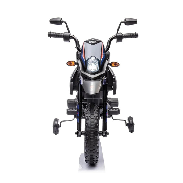 12V Aprilia Motorcycle ride-on for kids, single seat, angled view showcasing vibrant design and fun features.