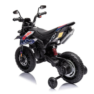 12V Aprilia Motorcycle ride-on for kids, one-seater, angled view showcasing vibrant design and fun features.