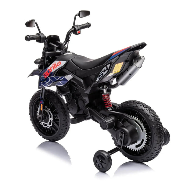 12V Aprilia Motorcycle ride-on for kids, one-seater, angled view showcasing vibrant design and fun features.