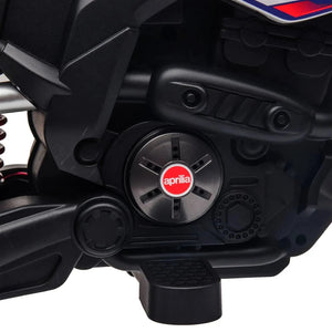 12V Aprilia Motorcycle ride-on for kids, 1 seater, angled view showcasing vibrant design and features.