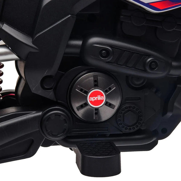 12V Aprilia Motorcycle ride-on for kids, 1 seater, angled view showcasing vibrant design and features.