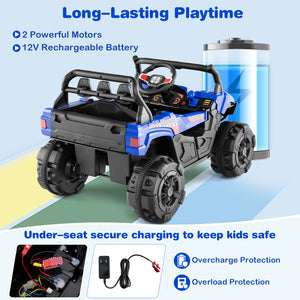 12V battery-powered electric vehicle with remote control, 3 speeds, perfect for kids' outdoor play. Angle view.