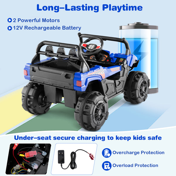 12V battery-powered electric vehicle with remote control, 3 speeds, perfect for kids' outdoor play. Angle view.