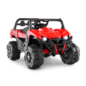 12V battery-powered electric vehicle for kids with remote control, 3 speeds, angled view showcasing design and features.