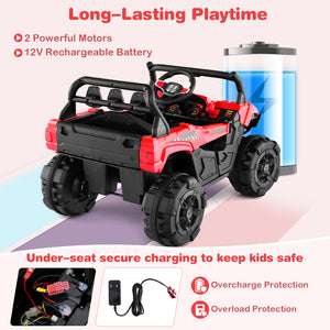 12V battery-powered electric vehicle with remote control, 3 speeds, perfect for kids' outdoor fun. Angle 23 view.