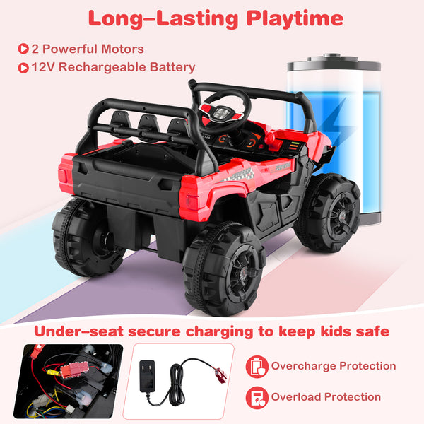 12V battery-powered electric vehicle with remote control, 3 speeds, perfect for kids' outdoor fun. Angle 23 view.