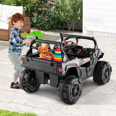12V battery-powered electric vehicle for kids with remote control and 3 speeds, perfect for outdoor play.