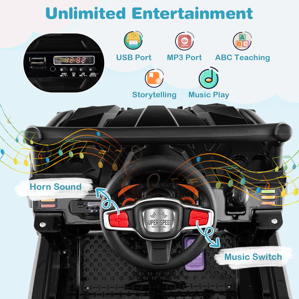 12V battery-powered electric vehicle for kids with remote control, 3 speeds, perfect for outdoor playtime fun.