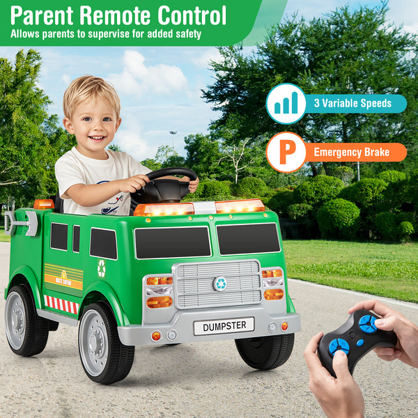 12V Battery Powered Electric Vehicle with Remote Control and Trash Bin in Green - Ideal Ride-On for Kids.
