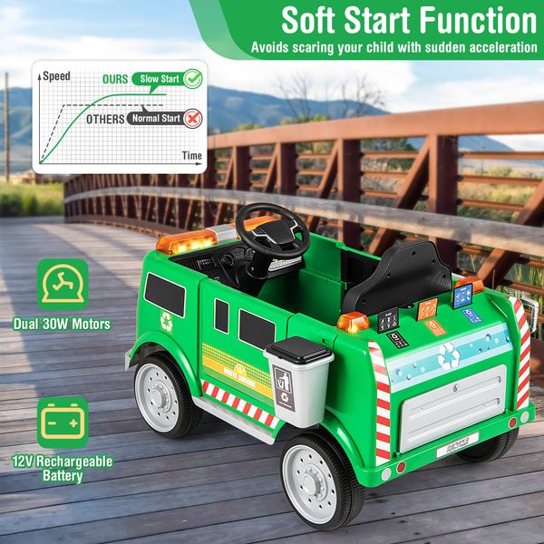 Green 12V battery-powered electric vehicle with remote control and trash bin, angle view for kids' ride-ons.