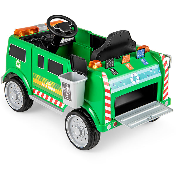 Green 12V battery-powered electric vehicle with remote control and trash bin, angle view, perfect for kids' outdoor fun.