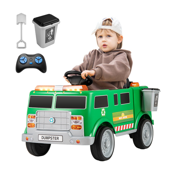 Green 12V battery-powered electric vehicle with remote control and trash bin, angle view for kids' ride-ons.