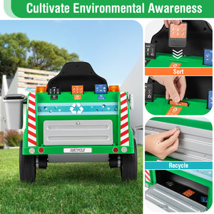 Green 12V battery-powered electric vehicle with remote control and trash bin, angled view for kids' ride-ons.