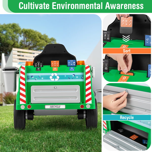 Green 12V battery-powered electric vehicle with remote control and trash bin, angled view for kids' ride-ons.