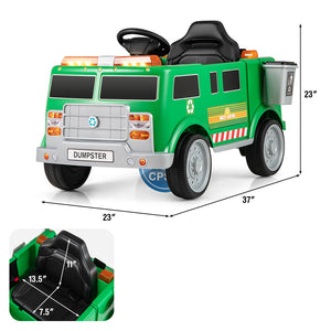 12V green electric ride-on vehicle with remote control and trash bin, angle view 4. Perfect for kids' outdoor fun.