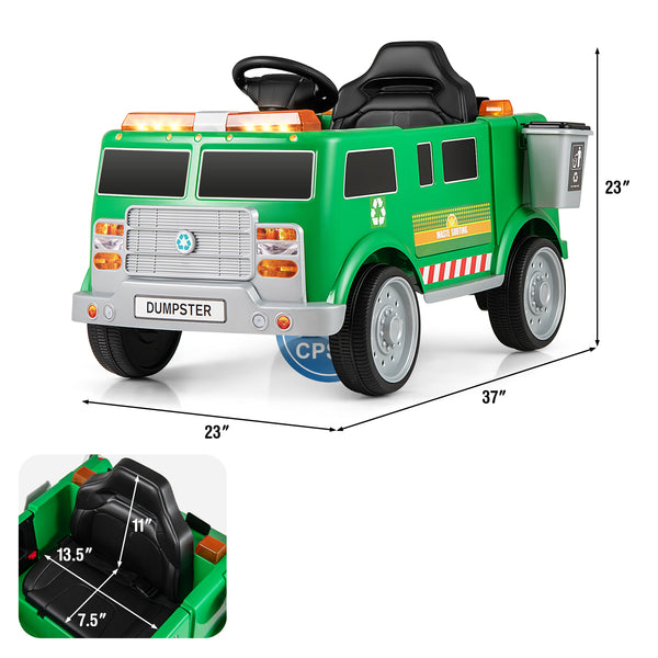 12V green electric ride-on vehicle with remote control and trash bin, angle view 4. Perfect for kids' outdoor fun.