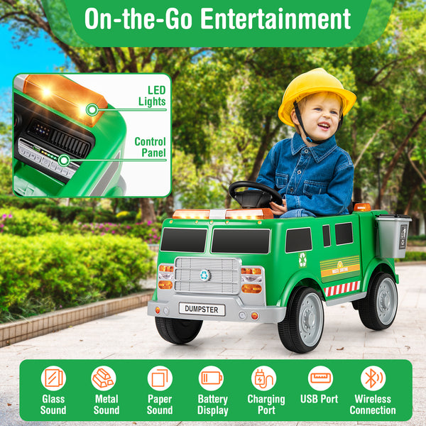 Green 12V battery-powered electric vehicle with remote control and trash bin, angle view, perfect for kids' outdoor fun.