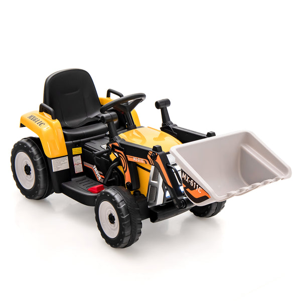 12V battery-powered kids ride-on excavator with adjustable arm and bucket, perfect for outdoor play and fun.