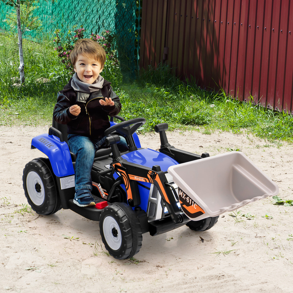 12V battery-powered kids ride-on excavator with adjustable arm and bucket for outdoor fun and imaginative play.