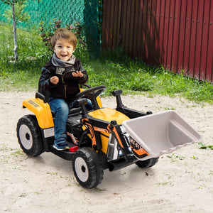 12V battery-powered kids ride-on excavator with adjustable arm and bucket, perfect for outdoor play and fun.
