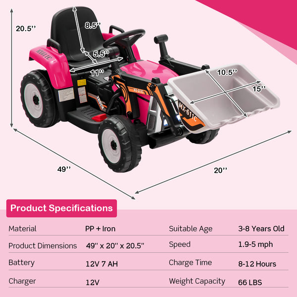 12V battery-powered kids ride-on excavator with adjustable arm and bucket, perfect for outdoor play and imaginative fun.