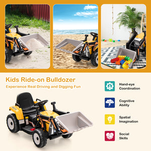 12V battery-powered kids ride-on excavator with adjustable arm and bucket, perfect for outdoor play and fun.