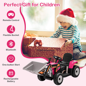 12V battery-powered kids ride-on excavator with adjustable arm and bucket, perfect for outdoor play and fun.