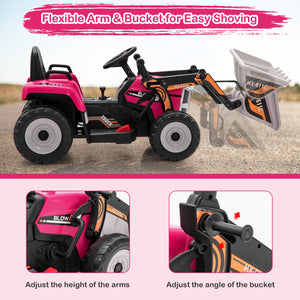 12V battery-powered kids ride-on excavator with adjustable arm and bucket, perfect for outdoor play.