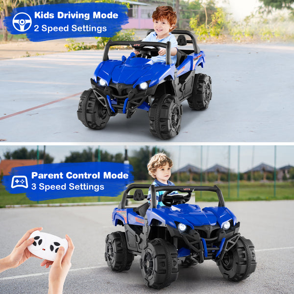 12V battery-powered electric vehicle with remote control, 3 speeds, perfect for kids' outdoor playtime adventures.