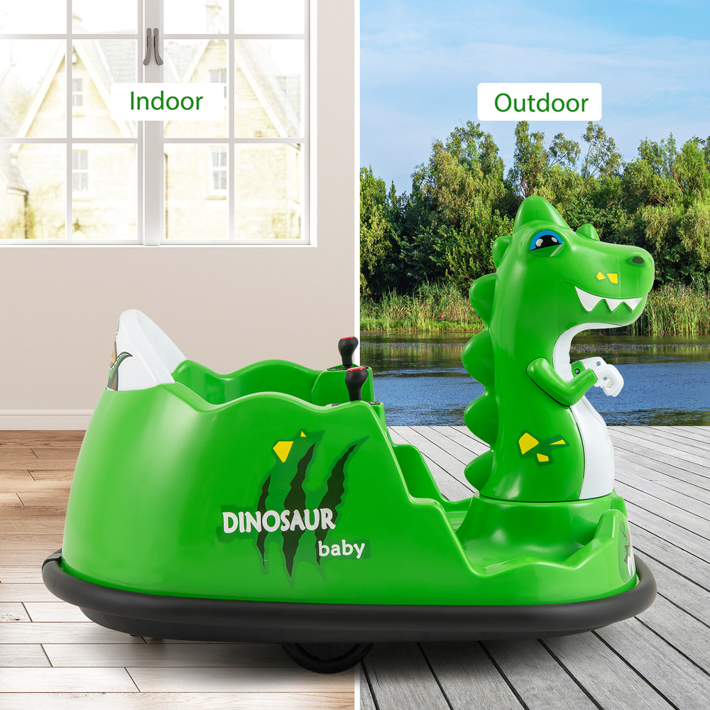 Green 12V bumper car with spray function and remote control for toddlers aged 2-5, perfect for fun playtime.