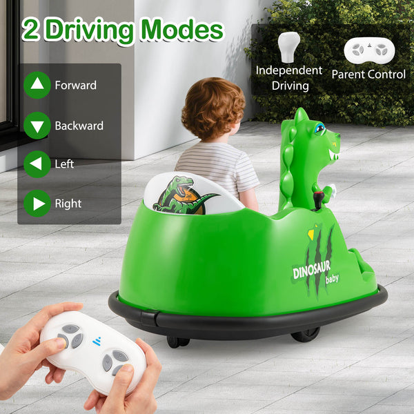 Green 12V bumper car with spray function and remote control for toddlers aged 2-5, shown at angle 8.