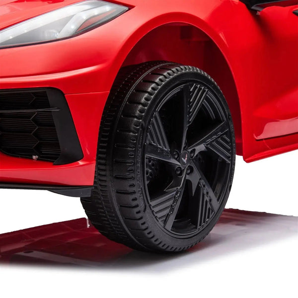 12V Chevrolet Corvette C8 Stingray kids ride-on car in angle view, perfect for little drivers.