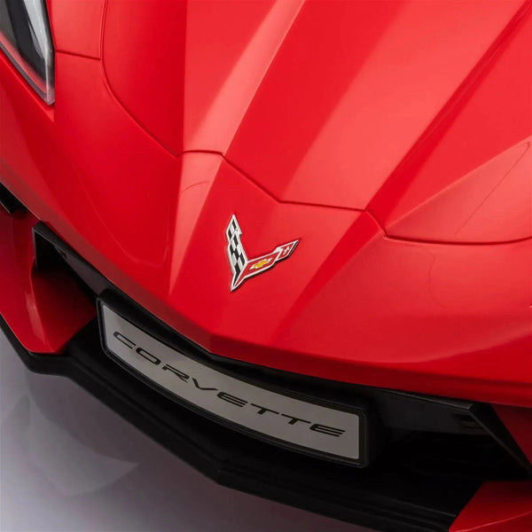 12V Chevrolet Corvette C8 Stingray kids ride-on car in angle view, perfect for little drivers' adventures.