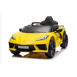 12V Chevrolet Corvette C8 Stingray kids ride-on car, 1-seater, angled view showcasing sleek design and vibrant colors.