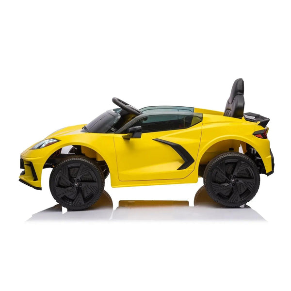 12V Chevrolet Corvette C8 Stingray kids ride-on car in angle view, perfect for young car enthusiasts.