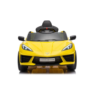 12V Chevrolet Corvette C8 Stingray kids ride-on car, one-seater, angled view showcasing sleek design and vibrant colors.