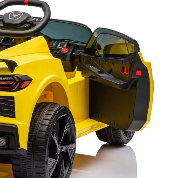 12V Chevrolet Corvette C8 Stingray kids ride-on car in angle view, perfect for adventurous little drivers.