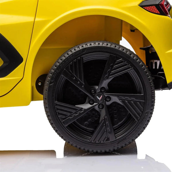 12V Chevrolet Corvette C8 Stingray kids ride-on car, 1-seater, angled view showcasing sleek design and vibrant colors.