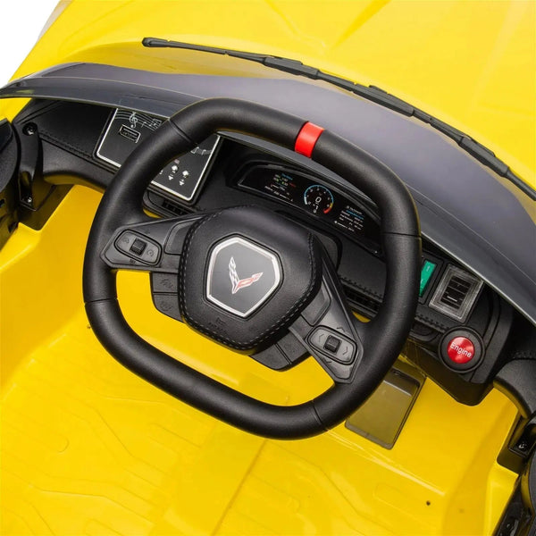 12V Chevrolet Corvette C8 Stingray kids ride-on car, 1-seater, angled view showcasing sleek design and vibrant colors.