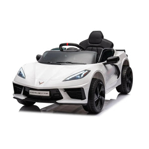 12V Chevrolet Corvette C8 Stingray kids ride-on car in angle view, perfect for adventurous little drivers.