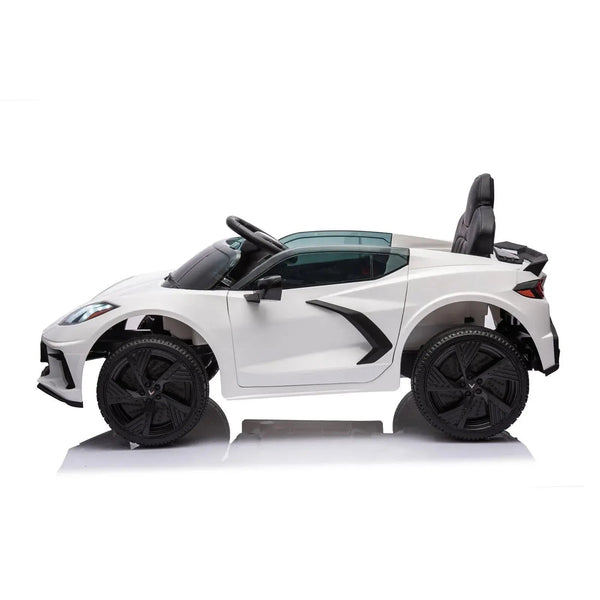 12V Chevrolet Corvette C8 Stingray kids ride-on car in angle 32 view, perfect for little drivers.