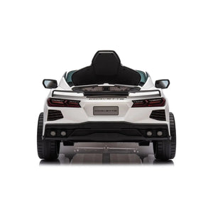 12V Chevrolet Corvette C8 Stingray kids ride-on car in angle view, perfect for little drivers' adventures.