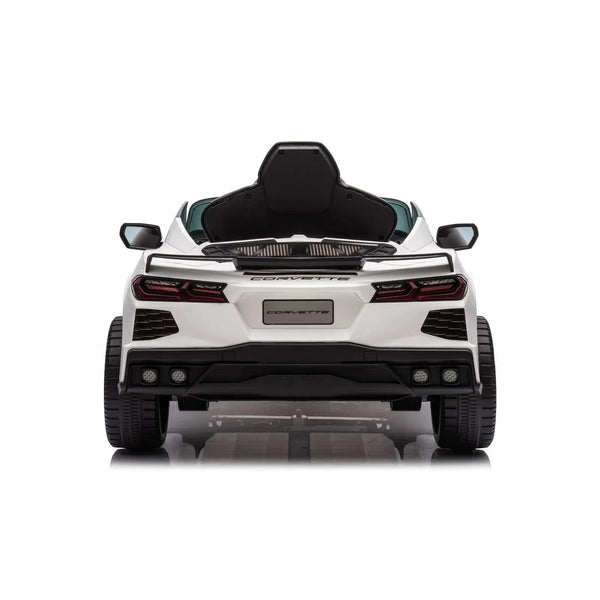 12V Chevrolet Corvette C8 Stingray kids ride-on car in angle view, perfect for little drivers' adventures.