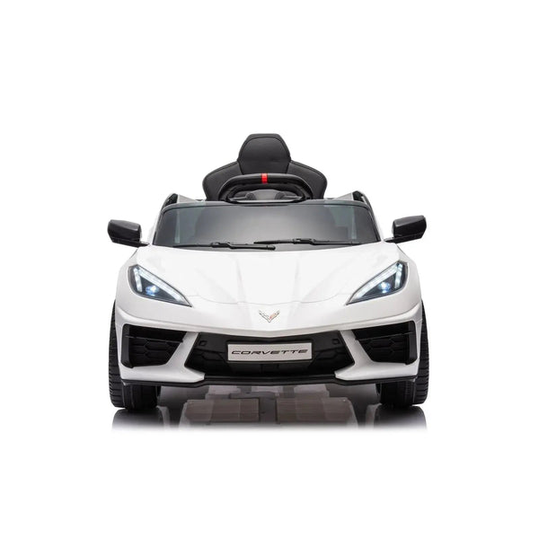 12V Chevrolet Corvette C8 Stingray kids ride-on car, 1-seater, angled view showcasing sleek design and vibrant colors.