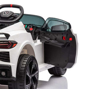 12V Chevrolet Corvette C8 Stingray kids ride-on car at a 35-degree angle, perfect for young car enthusiasts.