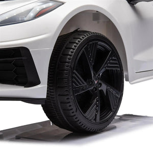 12V Chevrolet Corvette C8 Stingray kids ride-on car, 1-seater, angled view showcasing sleek design and vibrant colors.