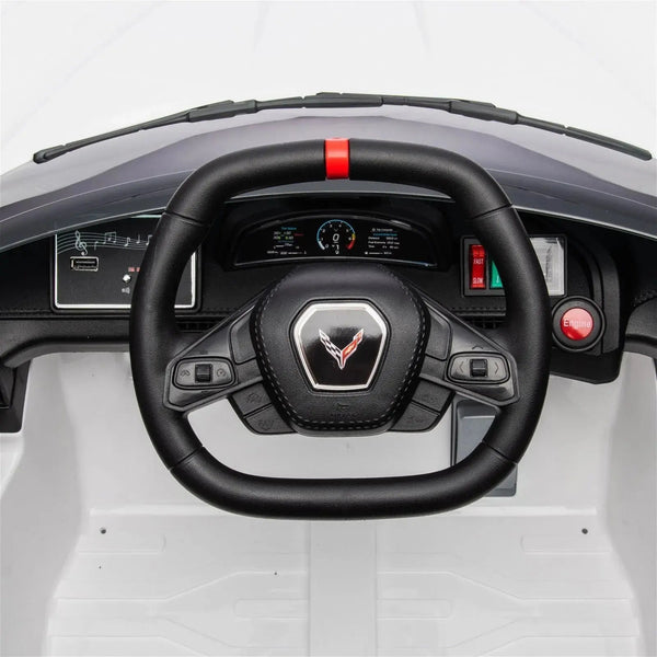 12V Chevrolet Corvette C8 Stingray kids ride-on car in angle view, perfect for adventurous little drivers.