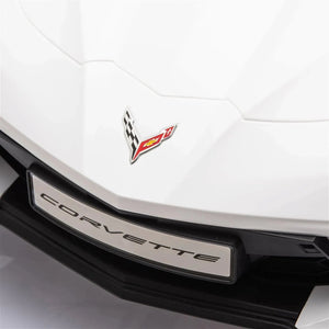 12V Chevrolet Corvette C8 Stingray kids ride-on car, 1-seater, angled view showcasing sleek design and vibrant colors.