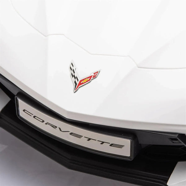 12V Chevrolet Corvette C8 Stingray kids ride-on car, 1-seater, angled view showcasing sleek design and vibrant colors.